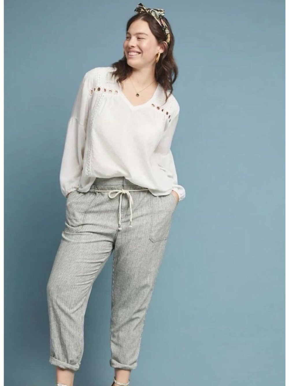 Anthropologie Seashore Green White Striped Pants Linen Cotton Blend Sz Large